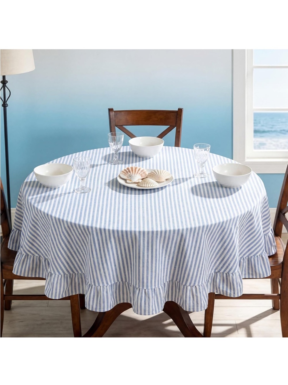 NEW Frienda Blue Stripe Ruffle Table Cloth Farmhouse - Picture 4 of 10